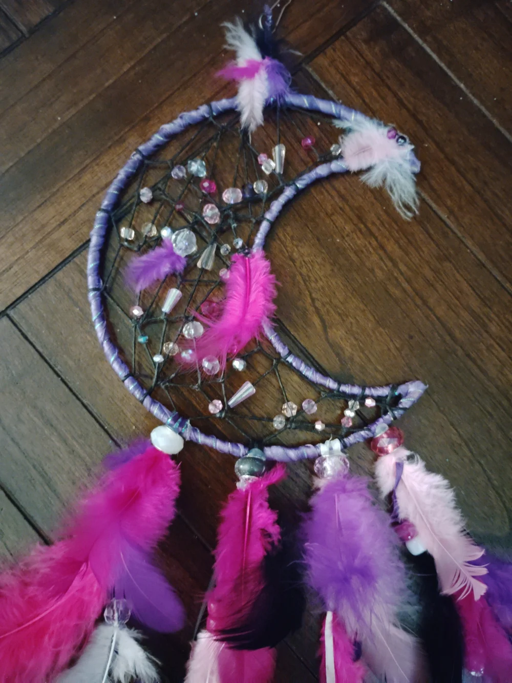 Crescent Moon Dreamcatcher with Pink & Purple Feathers